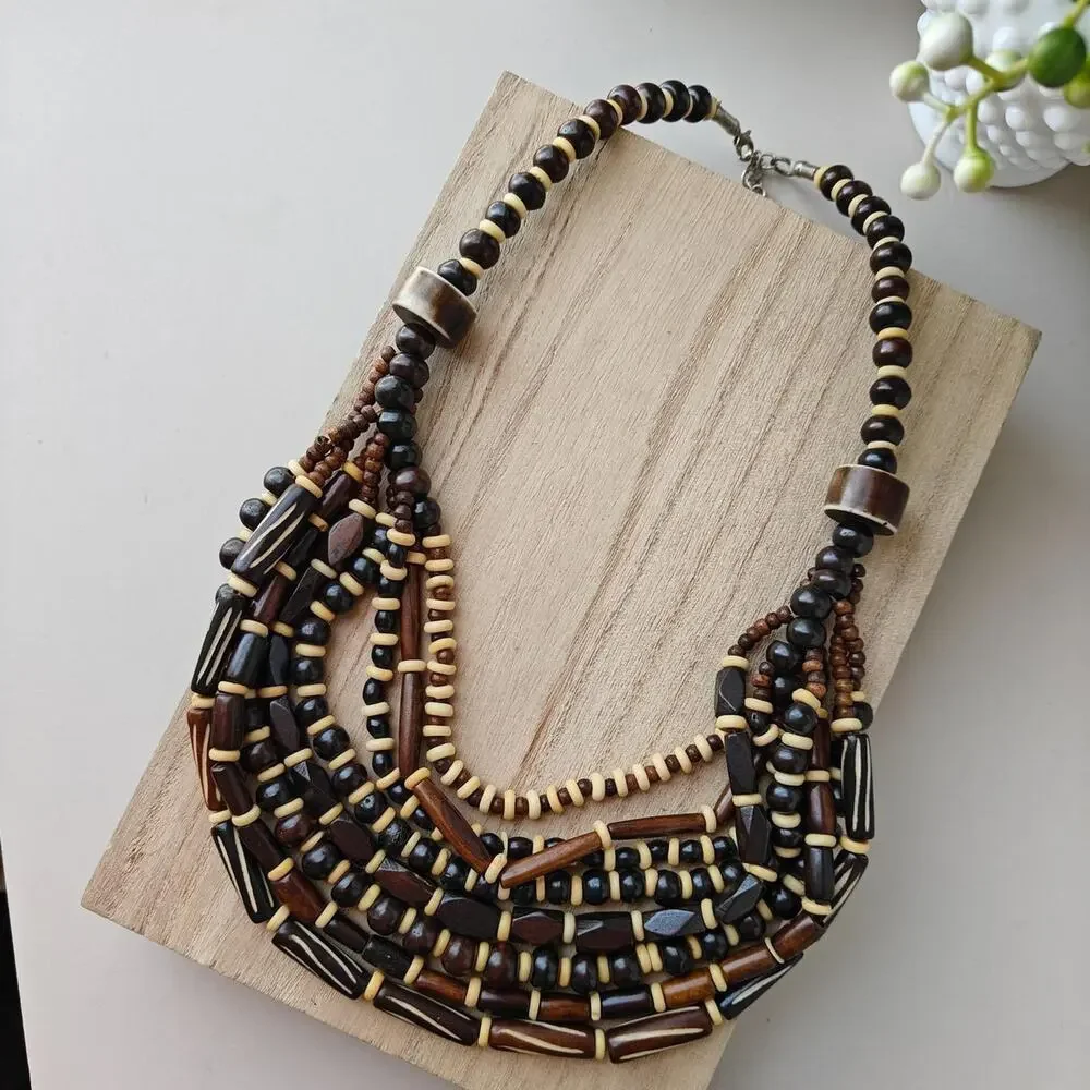 Bohemian dark brown and cream wooden multilayer beaded necklace